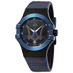 Maserati Potenza men's watch with blue dial, blue bezel, and blue leather strap