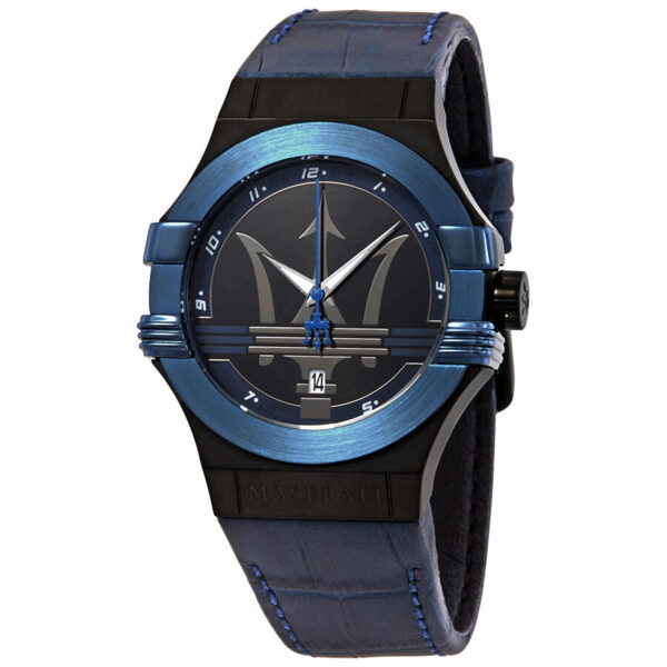 Maserati Potenza men's watch with blue dial, blue bezel, and blue leather strap