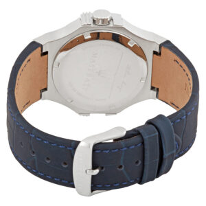 Maserati Potenza watch caseback showing silver case and blue leather strap with tan lining