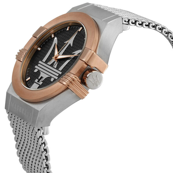Side angle view of Maserati Potenza watch showing rose gold case, dark dial, and steel mesh strap