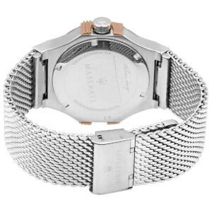 Back view of Maserati Potenza watch showing stainless steel caseback with engraved details and rose gold crown