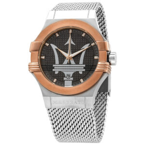Maserati Potenza quartz watch with dark grey dial, rose gold bezel, trident logo, and steel mesh bracelet