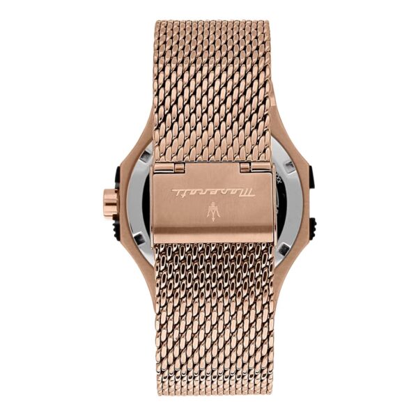 Maserati Potenza watch caseback and mesh bracelet detail with engraved branding