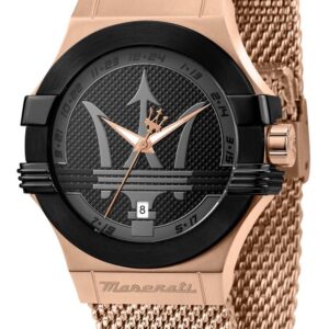 Maserati Potenza rose gold mesh bracelet watch with black dial and bezel