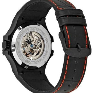 Maserati R8821108008 watch side view showing black leather strap with red stitching and caseback