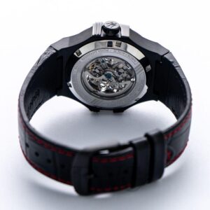 Maserati R8821108008 watch caseback showing automatic skeleton movement visible through transparent case