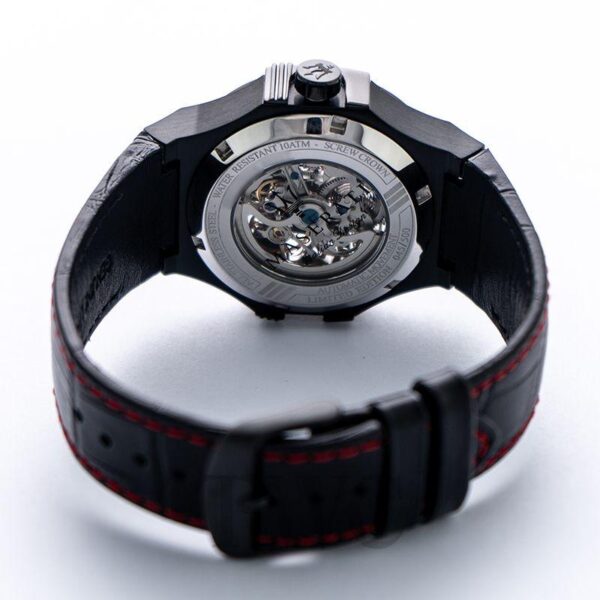 Maserati R8821108008 watch caseback showing automatic skeleton movement visible through transparent case