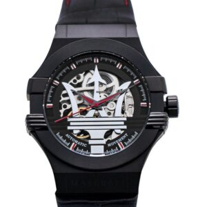 Maserati R8821108008 skeleton dial with visible automatic movement and red hands