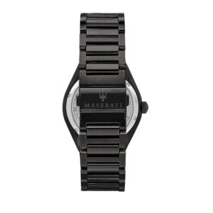 Caseback view of Maserati watch displaying stainless steel case back