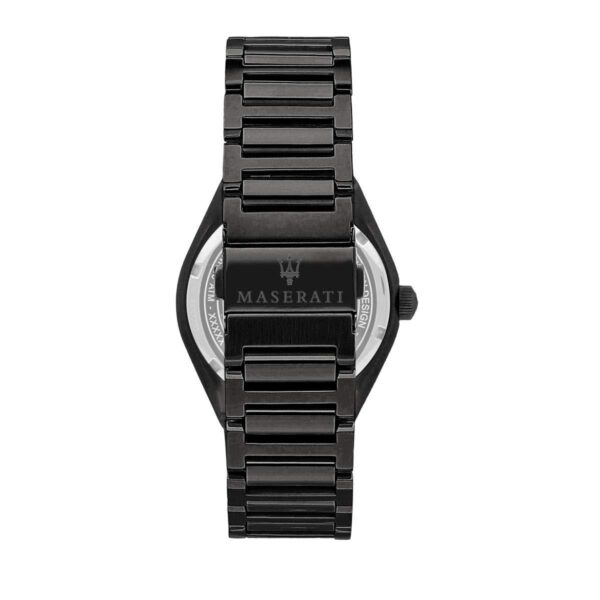 Caseback view of Maserati watch displaying stainless steel case back