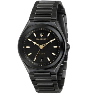 Maserati black dial men's watch with gold-tone hands and stainless steel bracelet
