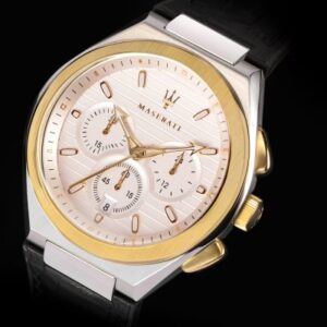 Maserati Triconic watch dial detail showing chronograph subdials and gold-tone hands