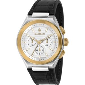 Maserati Triconic watch with two-tone steel and gold case, white chronograph dial, and black leather strap