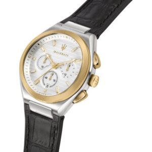 Maserati Triconic watch angled view highlighting two-tone case, white dial, and black leather strap