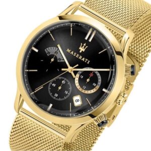 Maserati Ricordo chronograph watch showing gold case, black dial with subdials, and mesh band detail