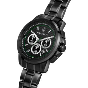 Maserati Royale black chronograph watch at angle showing dial and bracelet