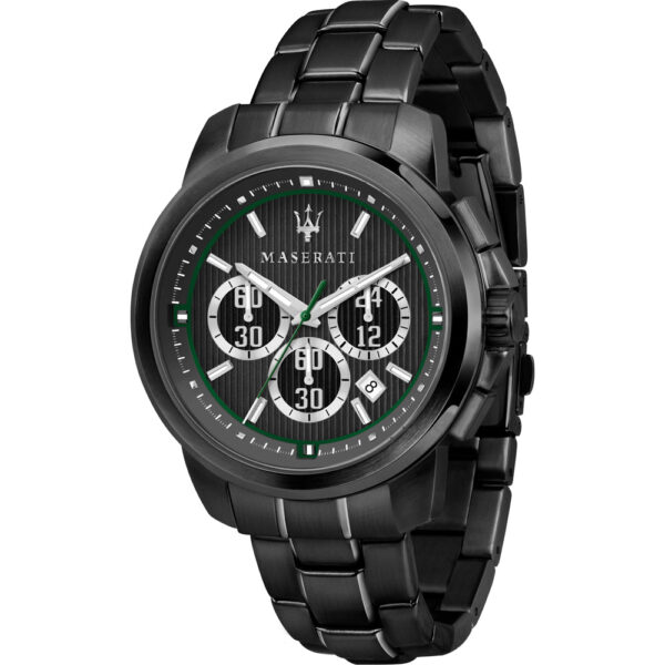 Maserati Royale black chronograph watch with green-accented dial and triple subdials