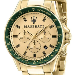 Maserati Sfida gold-tone watch with cream dial, green bezel, Roman numerals and chronograph subdials