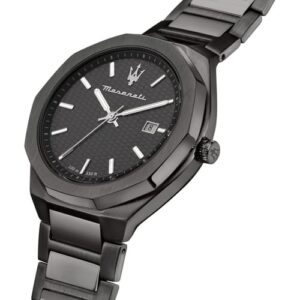 Maserati Stile men's watch shown at angle with dark steel bracelet and dial