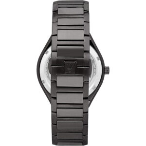 Case back view of Maserati Stile men's watch with Maserati logo on steel bracelet