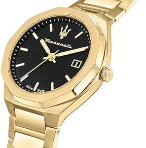 Maserati Stile gold watch angled view showing gold bracelet and black dial with date window