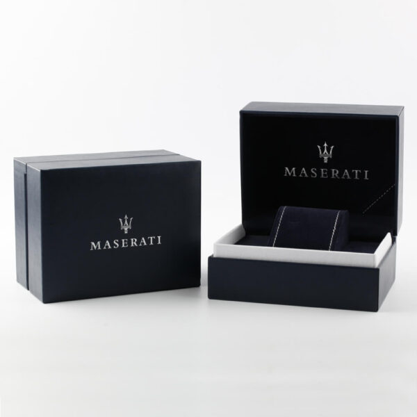 Maserati Stile watch packaging with black branded boxes and white interior cushioning