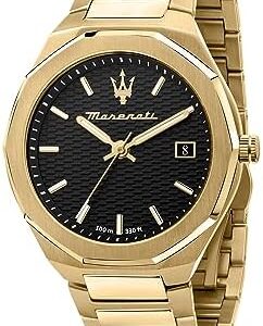 Maserati Stile gold men's watch with black dial and gold-tone stainless steel case and bracelet