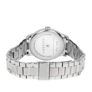 Maserati Tradizione caseback showing stainless steel bracelet and engraved case details