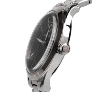 Side view of Maserati Tradizione watch showing black dial and silver stainless steel case profile