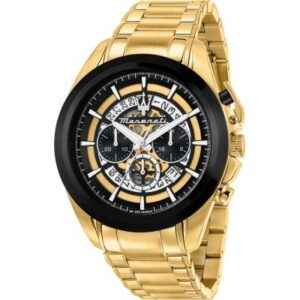 Maserati Traguardo chronograph with black skeleton dial and gold stainless steel bracelet