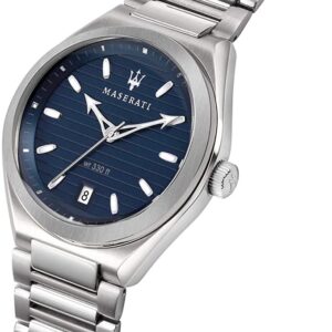 Maserati Triconic watch at angle showing blue dial and metal bracelet