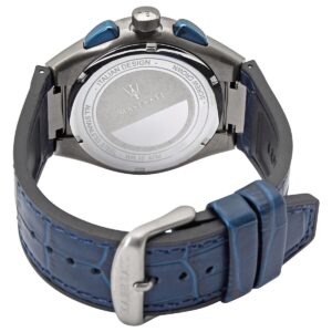 Maserati Triconic caseback with blue leather strap and buckle clasp detail
