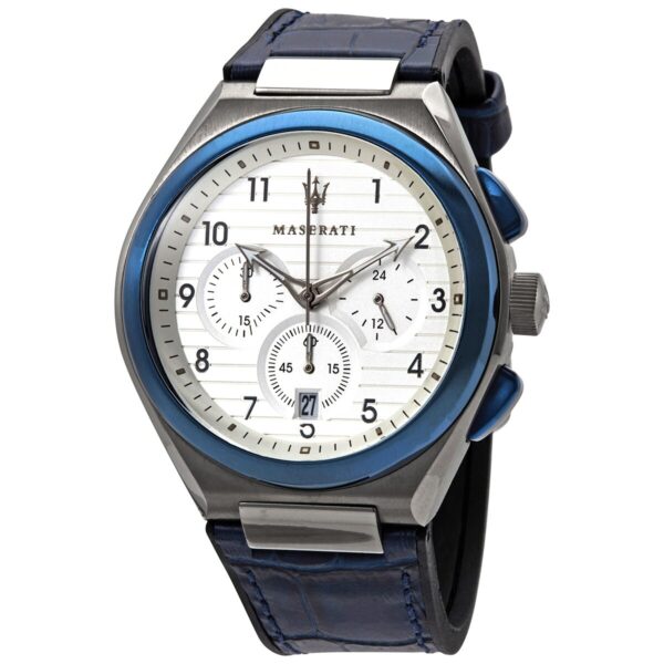 Maserati Triconic chronograph watch with white dial, blue bezel, and dark blue leather strap