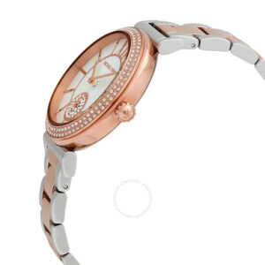 Side angle view of Michael Kors Abbey watch showing rose gold case with crystal bezel and two-tone bracelet