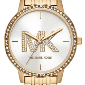 Michael Kors Adrianna I gold-tone women's watch with white dial, crystal bezel, and MK logo