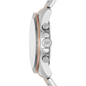 Side view of Michael Kors Alek watch showing two-tone stainless steel and rose gold bracelet