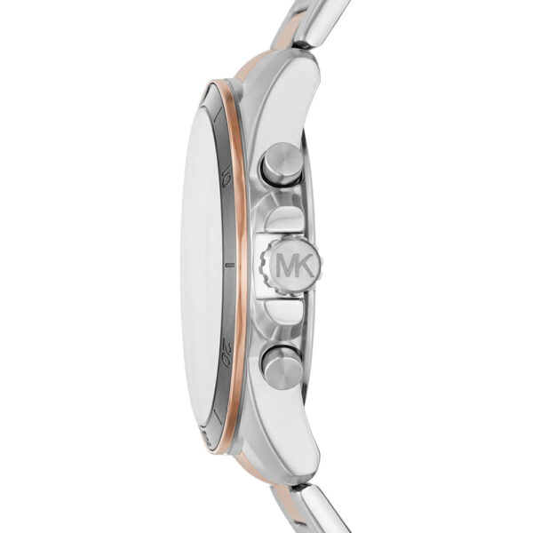 Side view of Michael Kors Alek watch showing two-tone stainless steel and rose gold bracelet