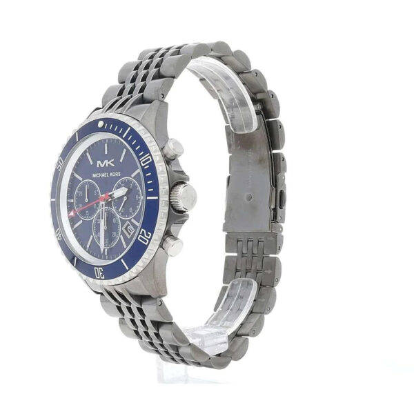 Angled view of Michael Kors Bayville chronograph with blue bezel and link bracelet