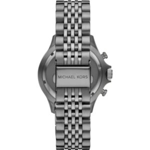 Michael Kors Bayville watch caseback showing stainless steel with engraved branding