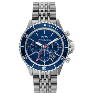 Michael Kors Bayville chronograph watch with blue dial and stainless steel bracelet