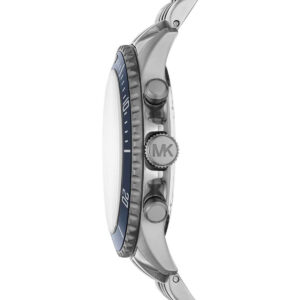 Side profile of Michael Kors Bayville watch showing blue bezel and stainless steel case