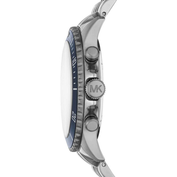 Side profile of Michael Kors Bayville watch showing blue bezel and stainless steel case