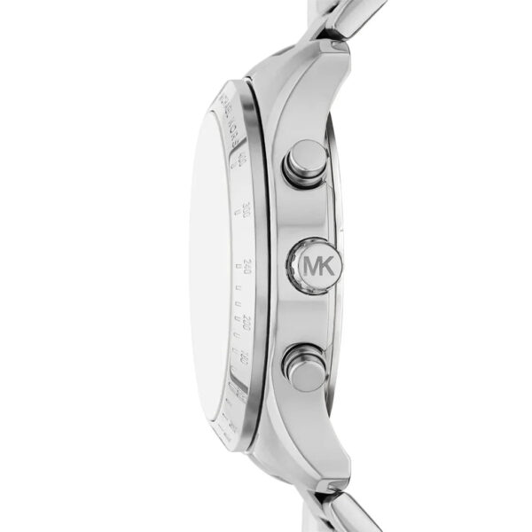 Michael Kors Berkley watch side view showing chronograph pushers and MK logo on case