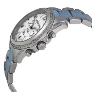 Michael Kors Blair chronograph watch angled view showing crystal bezel and blue acetate strap