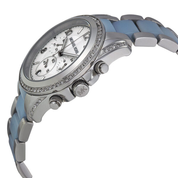 Michael Kors Blair chronograph watch angled view showing crystal bezel and blue acetate strap