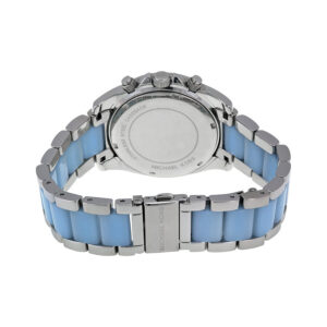 Michael Kors Blair watch caseback showing stainless steel and chambray acetate band detail