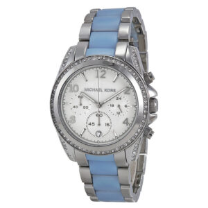 Michael Kors Blair chronograph watch with silver dial and chambray blue strap
