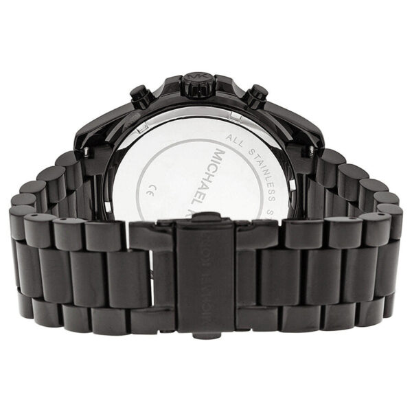 Michael Kors Bradshaw watch back showing stainless steel caseback and black metal bracelet