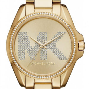Michael Kors Bradshaw women's watch with gold-tone case, crystal bezel, and champagne dial with crystal MK logo