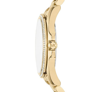 Side view of Michael Kors Bradshaw watch showing gold-tone case, crystal-set bezel, and metal bracelet